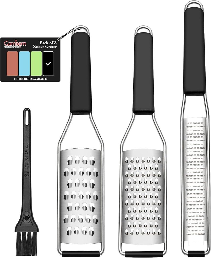 Cambom Lemon Zester Grater Three-piece Suit - Heavy Duty Kitchen Tool for Parmesan Cheese, Ginger, Garlic, Nutmeg, Chocolate, Vegetables, Fruits Stainless Steel Grater Dishwasher Safe Black