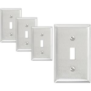 Stainless Steel Single Toggle Wall Plate for Electrical Outlets, Metal Decorative Receptacle Covers and Light Switch Plates, Silver, 5 pack 1 Gang Standard Size (Single Toggle)