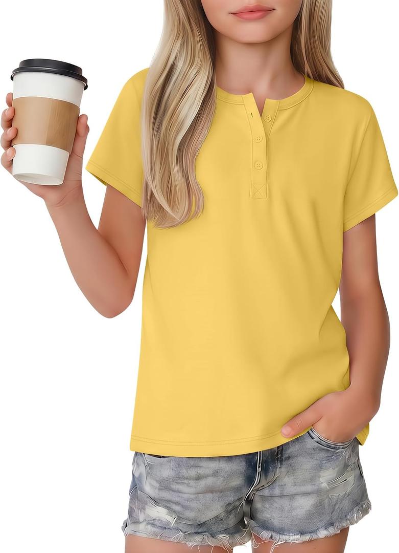 Girl's Short Sleeve Shirts Henley Round Neck Button up Tops Loose Fit Summer Basic Tees