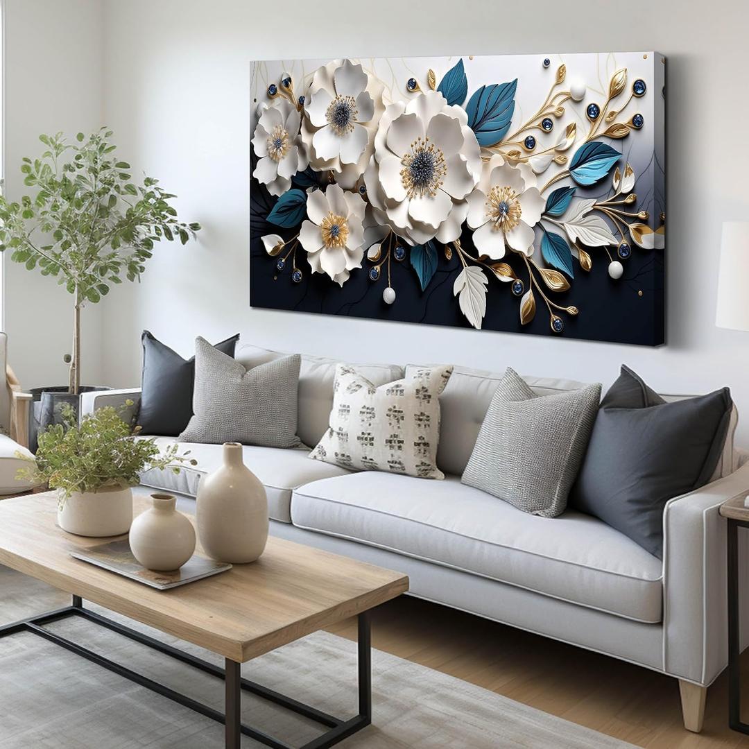 Large Canvas Wall Art for Living Room Bedroom Home Office White and Blue Floral Wall Art Botanical Picture Modern Framed Artwork Canvas Prints 24x48 In