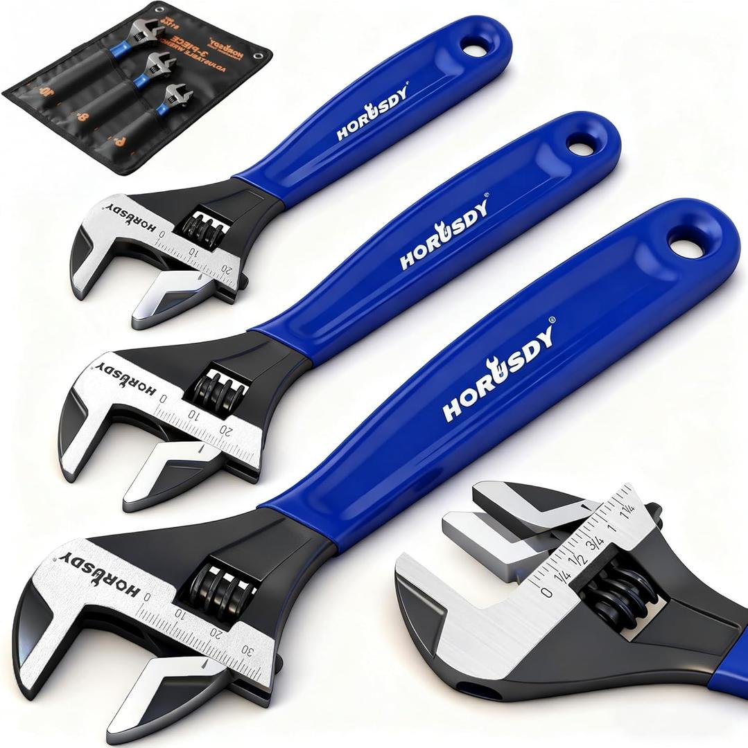 HORUSDY 3-Piece Adjustable Wrench Set (6/8/10 in), Wide Jaw Black Oxide Finish, Cr-V Steel, Metric & SAE Scales, Adjustable Spanner Set for Home Garage Workshop