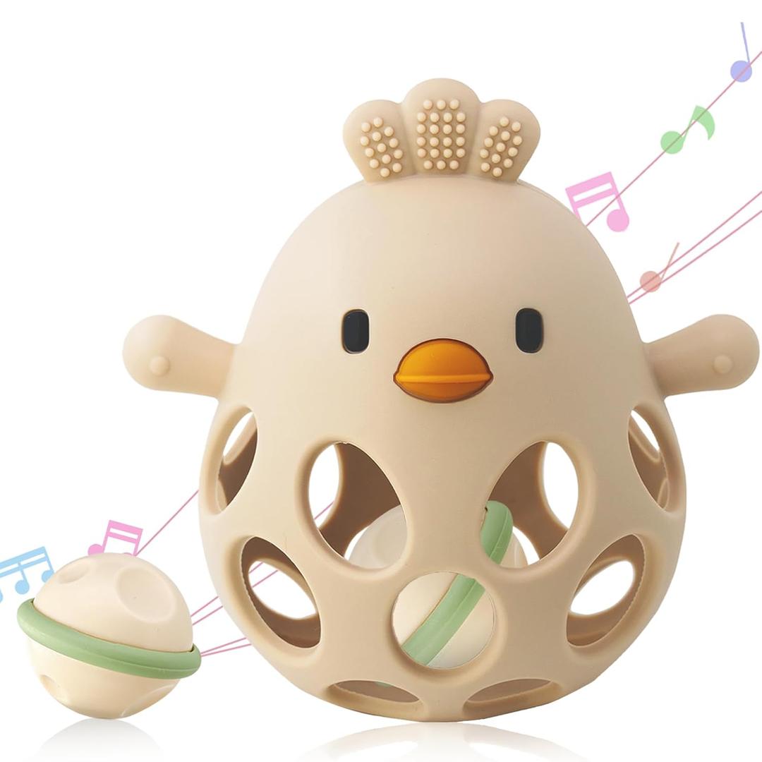 2-in-1 Baby Teething Rattle Toy, Sensory Grasping Teether for Infants 3-12 Months, 100% Food-Grade Silicone, Easy to Hold, Soothing & Developmental, BPA Free (Beige w/Rattle)