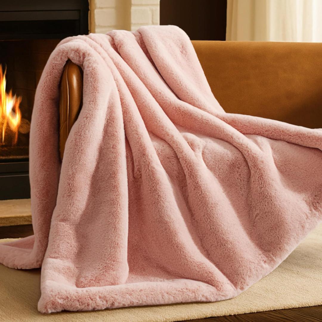 Bare Home Faux Fur Blanket - Ultra-Soft Luxurious - Cozy Warm Blanket for Couch, Sofa, Chair, Bed - Fuzzy Fluffy Super Soft - Decorative Bed Blanket, 60x47 inches (Throw, Blush)