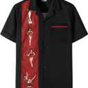 JOGAL Men's Bowling Shirts 50s Rockabilly Short Sleeve Button Down Shirt Beach Aloha Style Hawaiian Shirts (Black, XXL)