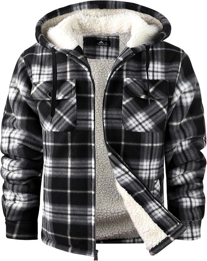 SCODI Men's Flannel Shirt Jacket Fleece Sherpa Lined Plaid Jackets Coat Full Zip Up Hoodie Winter Outwear (XX-Large, Black White)