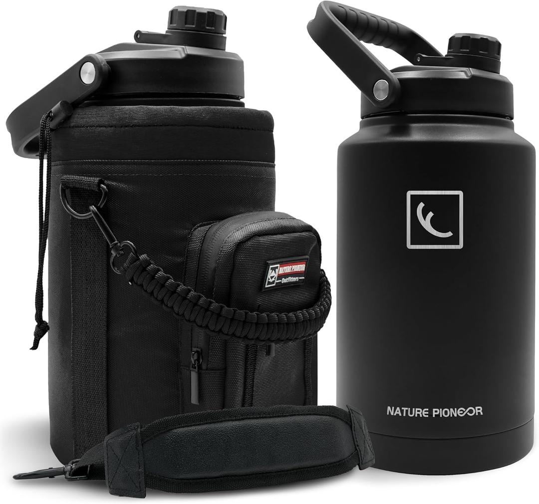 NATURE PIONEOR One Gallon Water Bottle Insulated - Large Double Vacuum Stainless Steel 128 oz Water Bottle with Holder/Carrier, 1 Gallon Water Jug,128oz, Wide Mouth (Black)