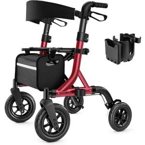 Walkers for Seniors, Rollator Walker with Seat, 10" Rubber Wheels All Terrain Rollator Walker with Backrest, Aluminum Walkers Built-in Cable, Foldable and Adjustable Height for Seniors, Red