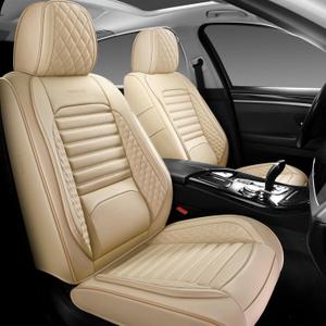 Front Car Seat Covers, Universal Leather Seat Covers with Headrest Pillows for Most Cars SUVs Pickup Trucks, Full Coverage Car Seat Protectors, 2 Seats Car Seat Cushion, Beige