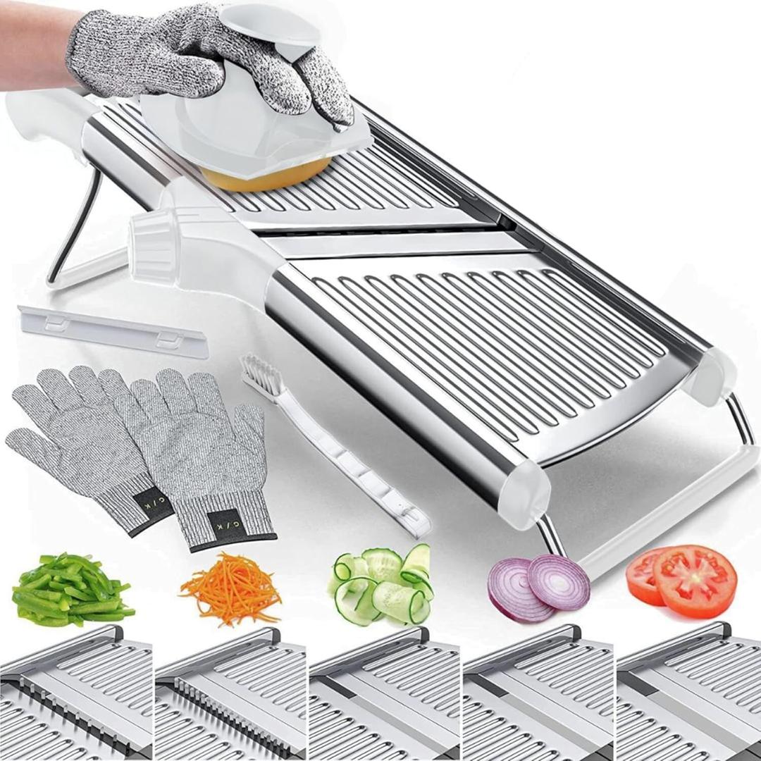Gramercy Adjustable Mandoline Food Slicer, Mandoline Slicer for Kitchen, Mandolin, Potato, Tomato, Carrot, Vegetable, Fruit and Onion Cutter - Stainless Steel - INCLUDING 1 Pair Cut-Resistant Gloves