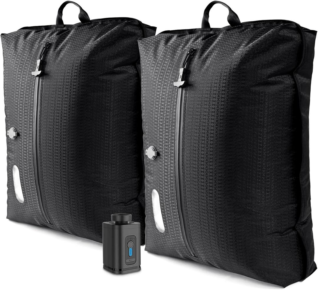Vacuum Travel Bags with PumpElectric Wireless Air Pump, Double Layer Vacuum Seal Bags for Clothing Travel, 2PC Airless vacuum bags for travel with IP67 Waterproof (2PC+Pump)