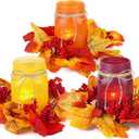 Fall Mason Jar Centerpieces for Tables  Thanksgiving Table Decorations with Autumn Leaves & Berries, Autumn Candle Holder Wreath Rings, Fall Taper Candle Rings for Dining Table