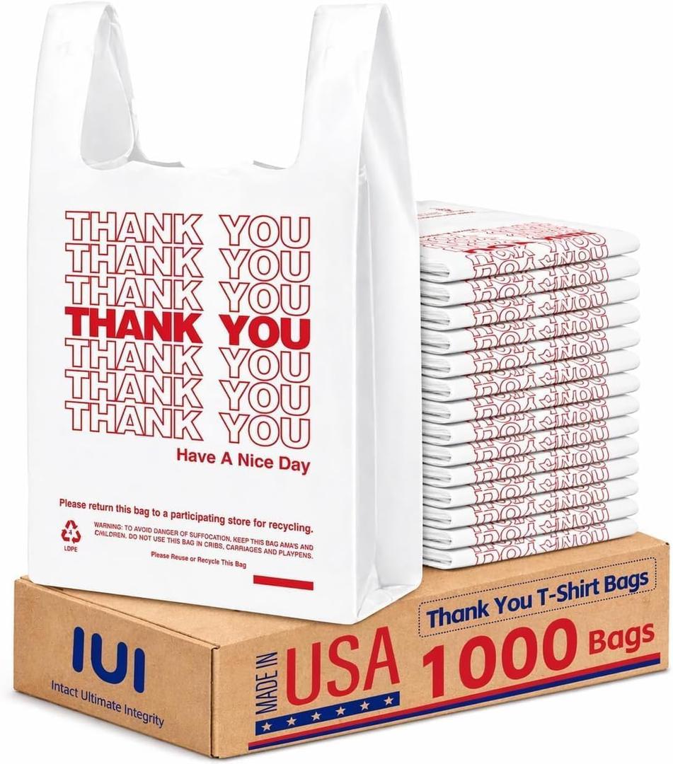 IUI 1000 Count Thank You T-Shirt Plastic Bags, White Grocery Bags with Handles, 11.5" x 6.5" x 21", Retail Shopping, Take Out & Small Business Bags in Bulk - Made in USA