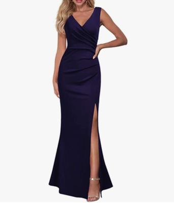 WOOSEA Women Sleeveless V Neck Split Evening Cocktail Long Dress Navy Blue, XL