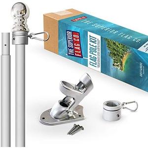 THE SUPERIOR FLAG CO. Heavy-Duty 6 Ft Flag Pole Kit with Silver Ball Topper, Aluminum Tangle-Free Spinning Rings: 1 in Diameter Flagpole Set for House, Porch, Business