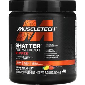 Pre Workout + Weight Loss MuscleTech Shatter Ripped PreWorkout Pre Workout for Men & Women PreWorkout Energy Powder Drink Mix Energy + Weight Loss Formula Rainbow Candy (40 Servings)