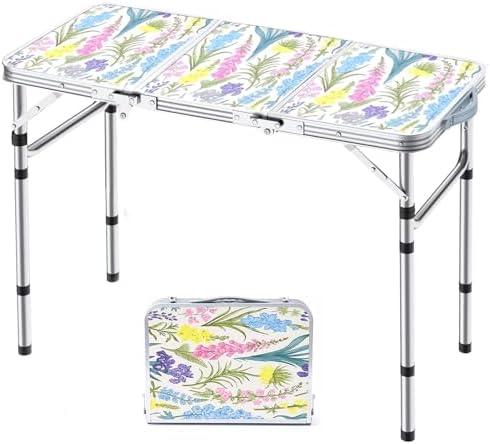 Yriuat Folding Camping Table 3ft Portable Pinic Table Adjustable Height Small Card Table Aluminum Foldable Lightweight with Carry Handle for Outdoor Indoor Hiking Camp BBQ Beach (Blooming Floral)