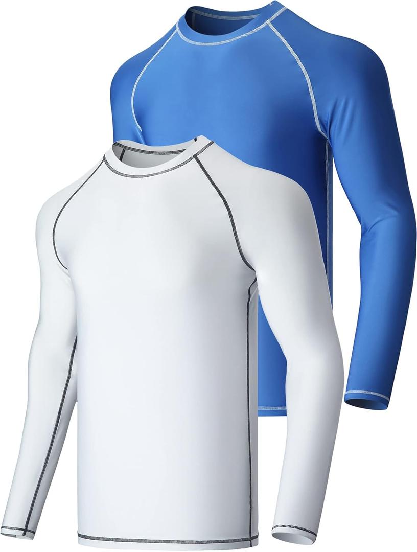 Liberty Imports 2-Pack Men's UV Long Sleeve Swim Shirts Loose Fit Rash Guards (XX-Large, White/Blue)