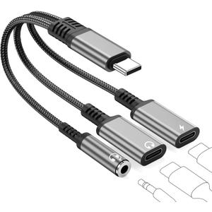 USB C to 3.5mm Headphone and Charger Adapter, 3 in 1 Dual Type C Aux Splitter Charger Headphone Jack Dongle Cord Compatible for iPhone 15/16/17 Pro/Max/Plus, iPad, Samsung Galaxy S22/S23/S24 Ultra (Grey)