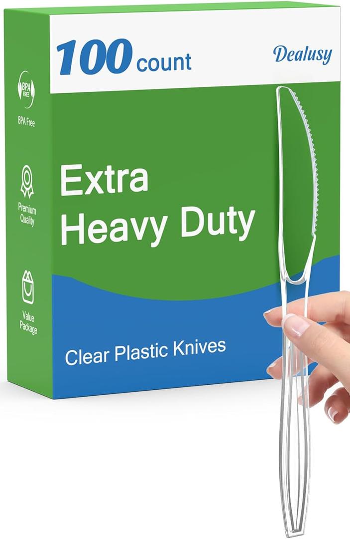Dealusy 100 Count Extra Heavy Duty Clear Plastic Knives Disposable, BPA-Free, Heat Resistant, Solid and Durable Disposable Knives Bulk, Premium Plastic Knives heavy duty for Party Supply