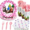 Juvale 144-Piece Kitten Party Supplies Set with Cat Birthday Paper Plates, 6.5-Inch Napkins, 9oz Cups, and Plastic Cutlery, Knives, Spoons, and Forks (Serves 24 Guests)