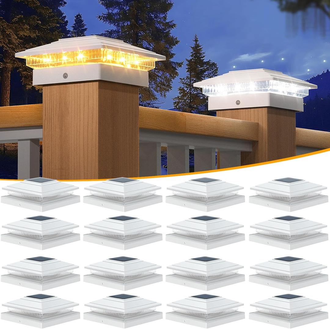 APONUO Solar Post Cap Lights, IP64 Waterproof 16 Bright LEDs Fence Post Solar Lights for Deck,Fence,Patio,Garden,Yard, 2 Modes, Long-Lasting Outdoor Light for Posts 4x4 5x5 5.5x5.5, White 16-Pack
