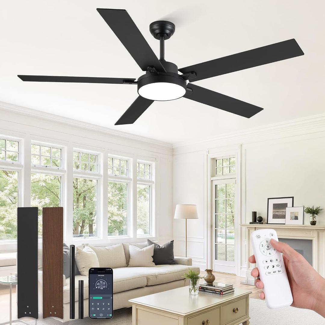 ZMISHIBO 60 Inch Ceiling Fans with Lights, Smart Remote/APP Control, Modern Ceiling Fan with 6 Speeds & 3CCT, Dimmable 30W LED, Quiet DC Motor, Noiseless for Living Room, Bedroom, Kitchen, Black