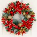 Knitgrip Pre-lit Christmas Wreaths for Front Door 13.7 Inches Christmas Poinsettia Wreath Decorations with Red Gold Ball Ornaments 20 LED Lighted Hoop for Xmas Outdoor Wall Window