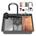 33 inch Waterfall Kitchen Sink Metal Black -Feibus 33x22x10 Drop In Sink with Faucet Combo Double Step Workstation 16 Gauge Multifunctional Stainless Steel Single Bowl