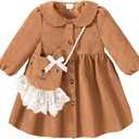 Toddler Girl Dress Fall Winter Yellow Dresses for Girls Long Sleeve Corduroy Skirts with Satchel 2T - 3T Girls Outfits Princess Party Cute Clothing Set