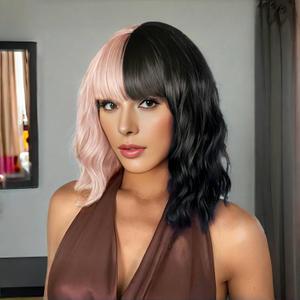Black and Pink Short Bob Wigs with Bangs for Women Loose Wavy Hair Wig Curly Wavy Bob Cosplay Wig Shoulder Length Heat Resistant Synthetic Costume Wig, 14 Inch
