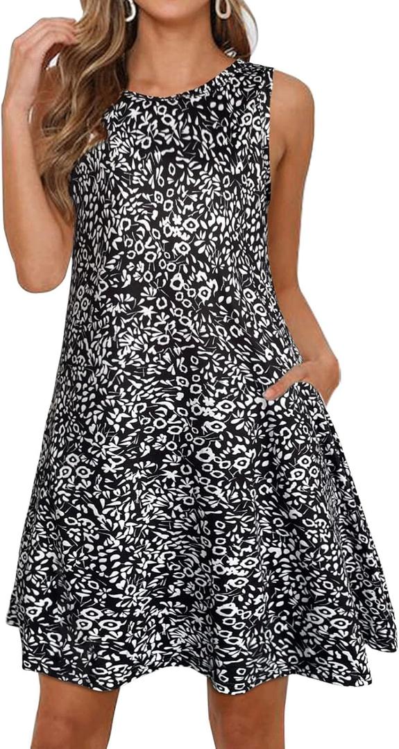 Elescat Women's Summer Dresses 2025 Beach Casual Sleeveless Black Floral Print Tank Loose Sundress with Pocket (Medium)