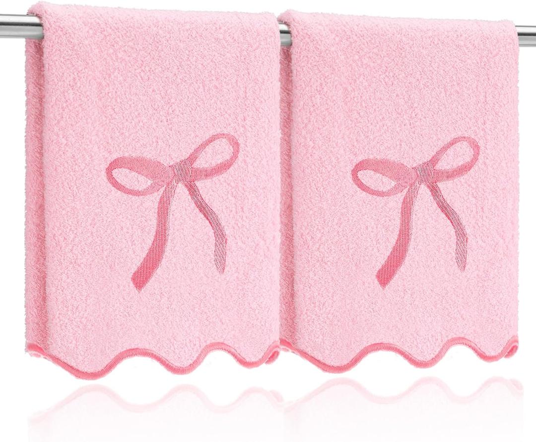 SmoothNovelty 2 Pcs Fingertip Towels for Bathroom 12 x 18 Inch Small Fingertip Towels with Scalloped Pink Bow Design Embroidery Coquette Bow 100% Cotton Soft Absorbent Guest and Housewarming Gift
