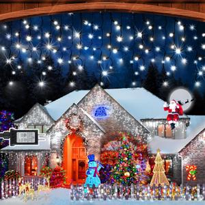 KNONEW 33FT 400 LED Christmas Lights Outdoor Black Wire String Lights with 75 Drops, 8 Lighting Modes, Timer Memory Function Connectable Hanging Curtain Lights for Halloween Party Decor (Cool White)