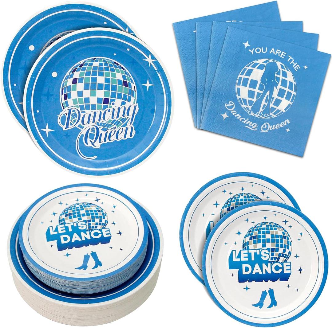 180PCS Dancing Queen Party Supplies Serve 60,Blue Disco Paper Plates and Napkins Kit for 70s Disco 17th Birthday Bachelorette Party Decorations,Includes Dinner and Dessert Plates, Napkins