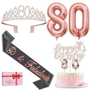 80th Birthday Decorations for Women with Black 80th Birthday Sash and Crown, Cake Topper and Candles, Number Balloons Rose Gold, 80 Year Old Gifts for Women