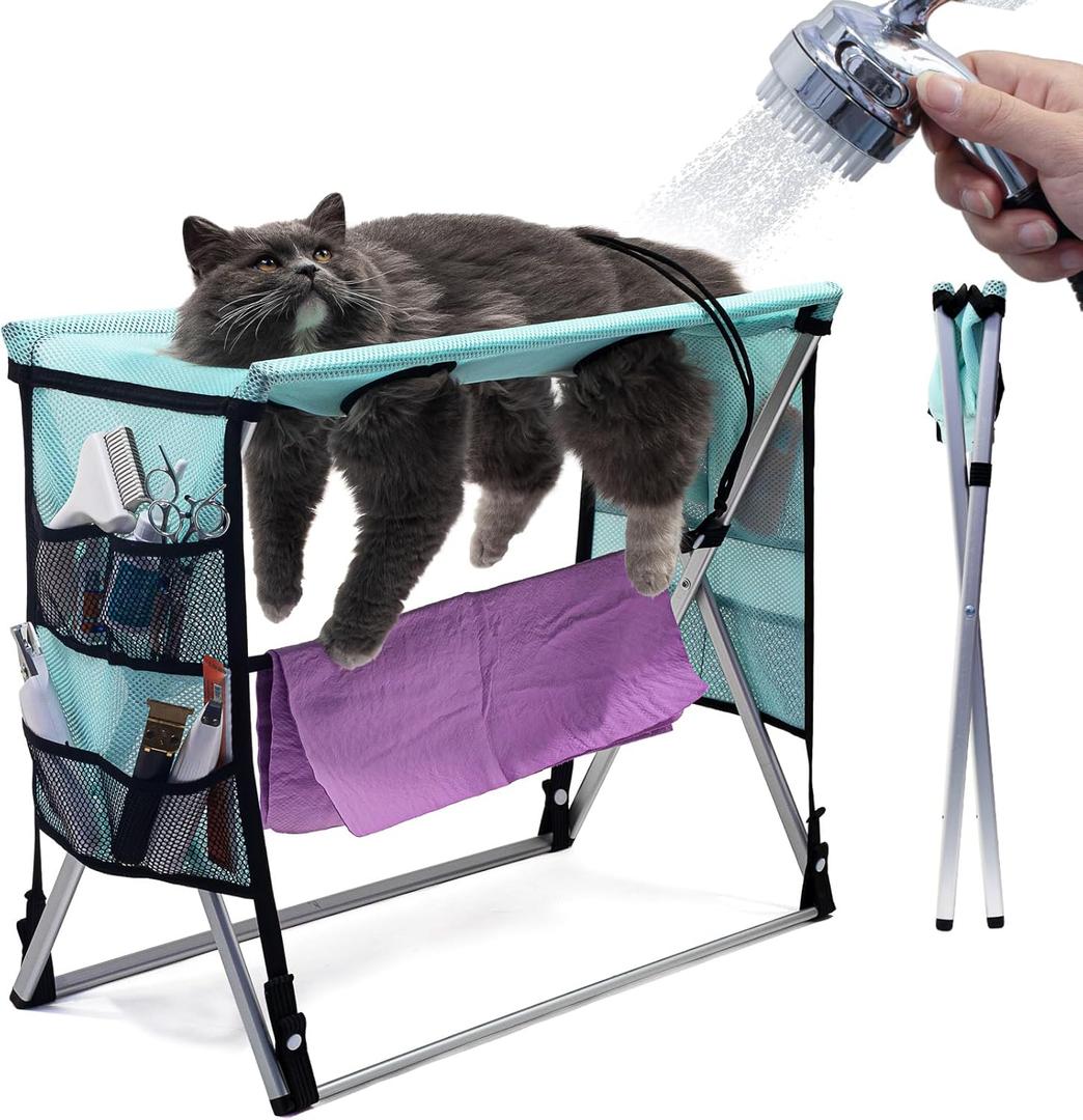 Cat Grooming Table - Foldable Hammock with 4 Nail Trimming Leg Holes, 3 Drawstring Straps (Aid Adaptation), Drainable Mesh, Lightweight, Holds Up to 13 lbs (Green)