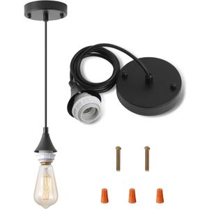 Vintage Black Pendant Light Kit, Edison Retro Pendant,E26 Lamp Socket DIY Pendant Light Cord,Adjustable Hanging Light Fixtures for Kitchen (1-Pack)
