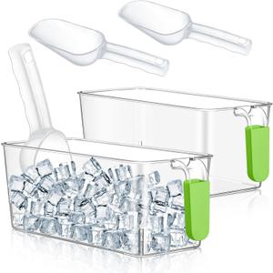 Havawish Ice Storage Bin and Flexible Scoop Set Plastic Freezer Bin with Pull Out Handle Storage Bucket Clear for Container with Scoop(Green,10.83 x 4.92 x 4.33 in,Classic)