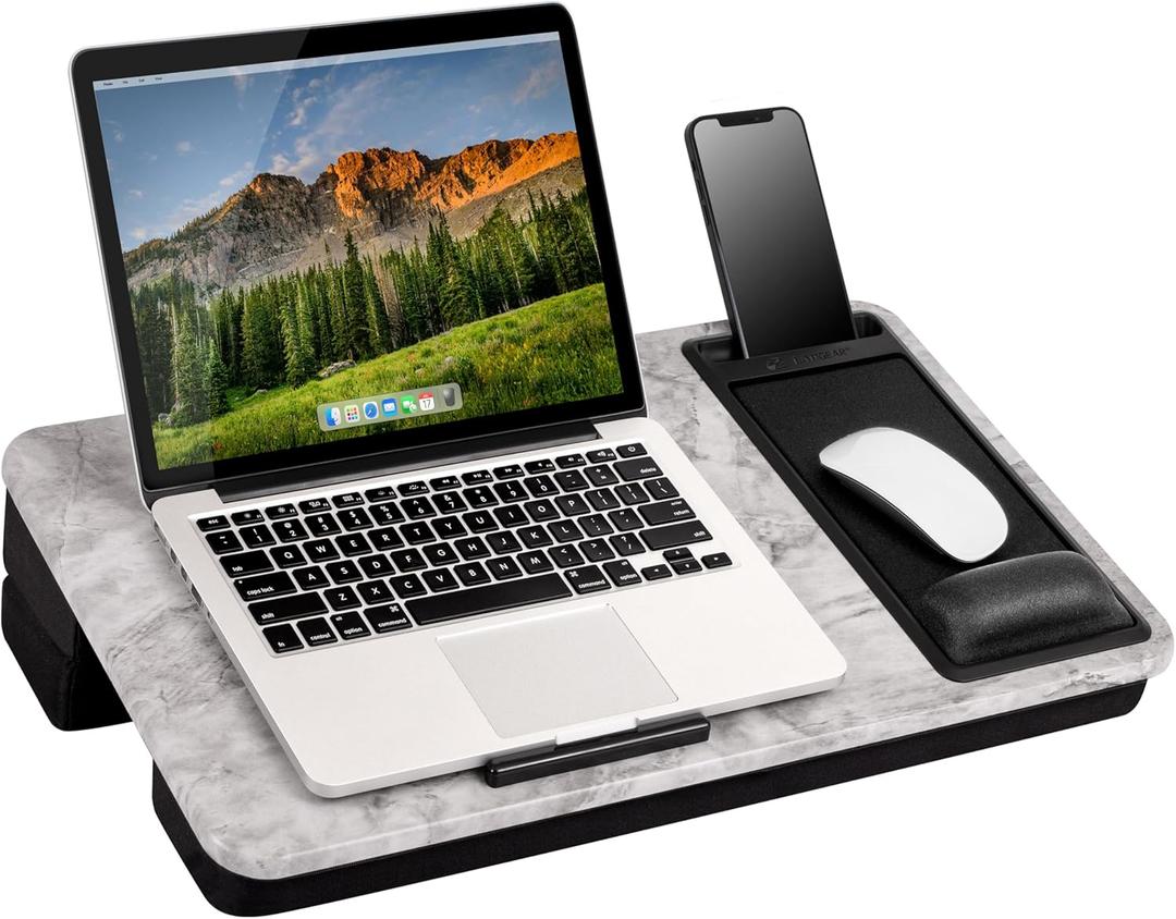 LAPGEAR Extra Large Adjustable Lap Desk  Fits Laptops up to 17.3, Adjustable Cushion, Memory Foam Wrist Rest, Mouse Pad, Device Ledge, & Phone Slot  White Marble - Style No. 88101
