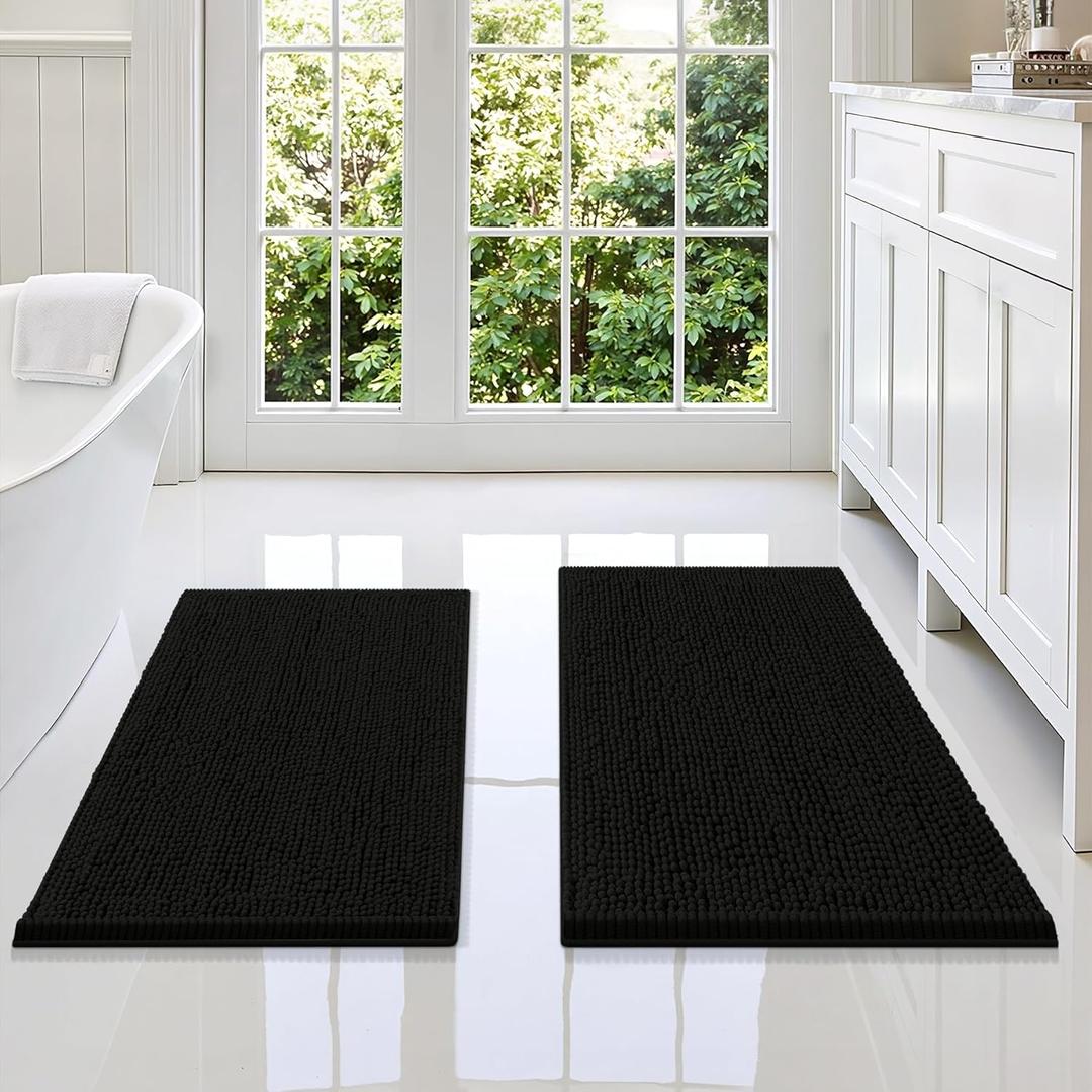 Smiry Bathroom Rugs Sets 2 Piece, Soft Absorbent Chenille Machine Washable Non Slip Shaggy Bath Rug Set for Tub, Shower, and Floor (34x21+30x20, Black)