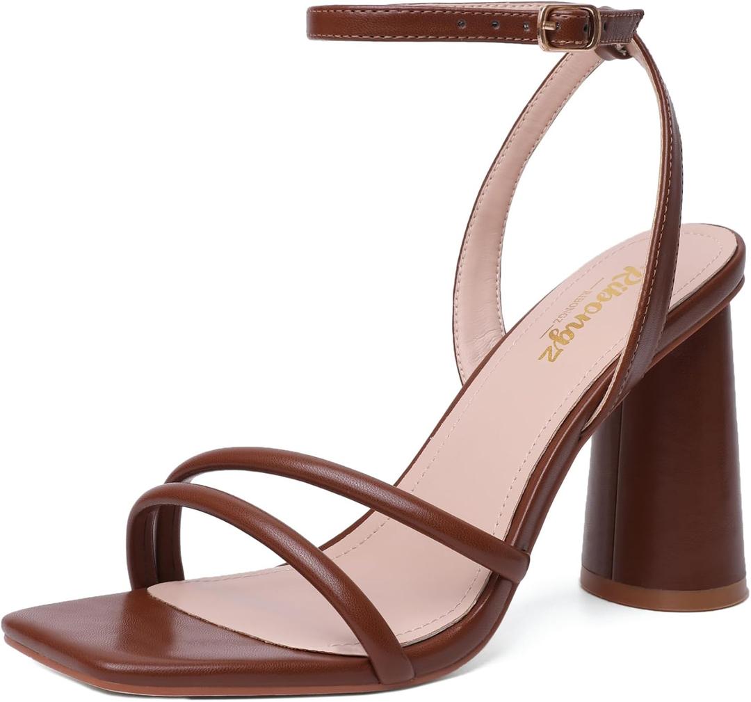 RIBONGZ Block Heels Prom Heeled Sandals for Women Chunky Square Open Toe Strappy High Heels Ankle Strap Wedding Bridal Shoes High Heel Sandals for Party Dress (7, Brown)