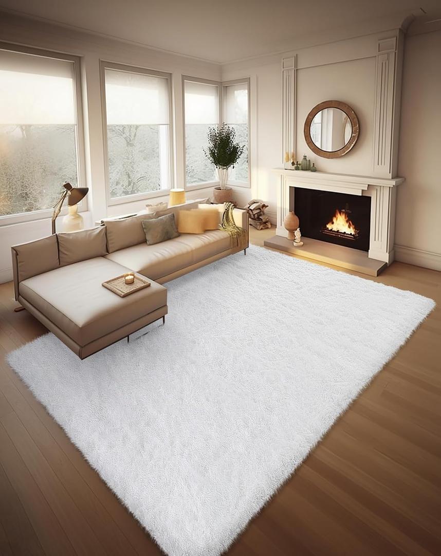 Ophanie 8x10 White Area Rugs for Living Room, Large Shag Bedroom Carpet, Big Indoor Thick Soft Nursery Rug, Ivory Carpets for Boy and Girls Room Dorm Home Decor Aesthetic