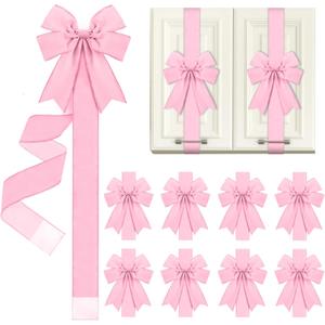 9 Pcs Pink Velvet Christmas Cabinet Ribbons Bows for Kitchen 78.7 Inch Large Christmas Door Ribbon Cabinet Bows for Gifts Xmas Tree Home Wall Furniture Party Decorations