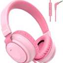 Mokata Headphone Kids Volume Limited 85/96dB Wired Over-Ear/On-Earr Foldable Headset with Inline Cable Aux 3.5mm Cord Mic for Boy Girl Child School PC Notebook Tablet Pink