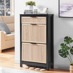 2 Flip Drawers Shoe Cabinet Storage for Entryway, Narrow Shoes Organizer Cabinet for Front Door Entrance, Free Standing Hidden Wooden Hallway Shoe Rack(Oak&Black) (Medium)