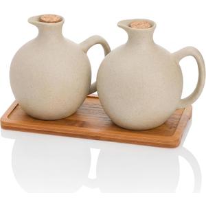 Elsjoy Set of 2 Ceramic Oil Vinegar Dispenser with Cork and Tray, 15 Oz Tabletop Oil Bottles Soy Sauce Jar, Decorative Olive Oil Stoneware Holder Vinegar Container for Kitchen