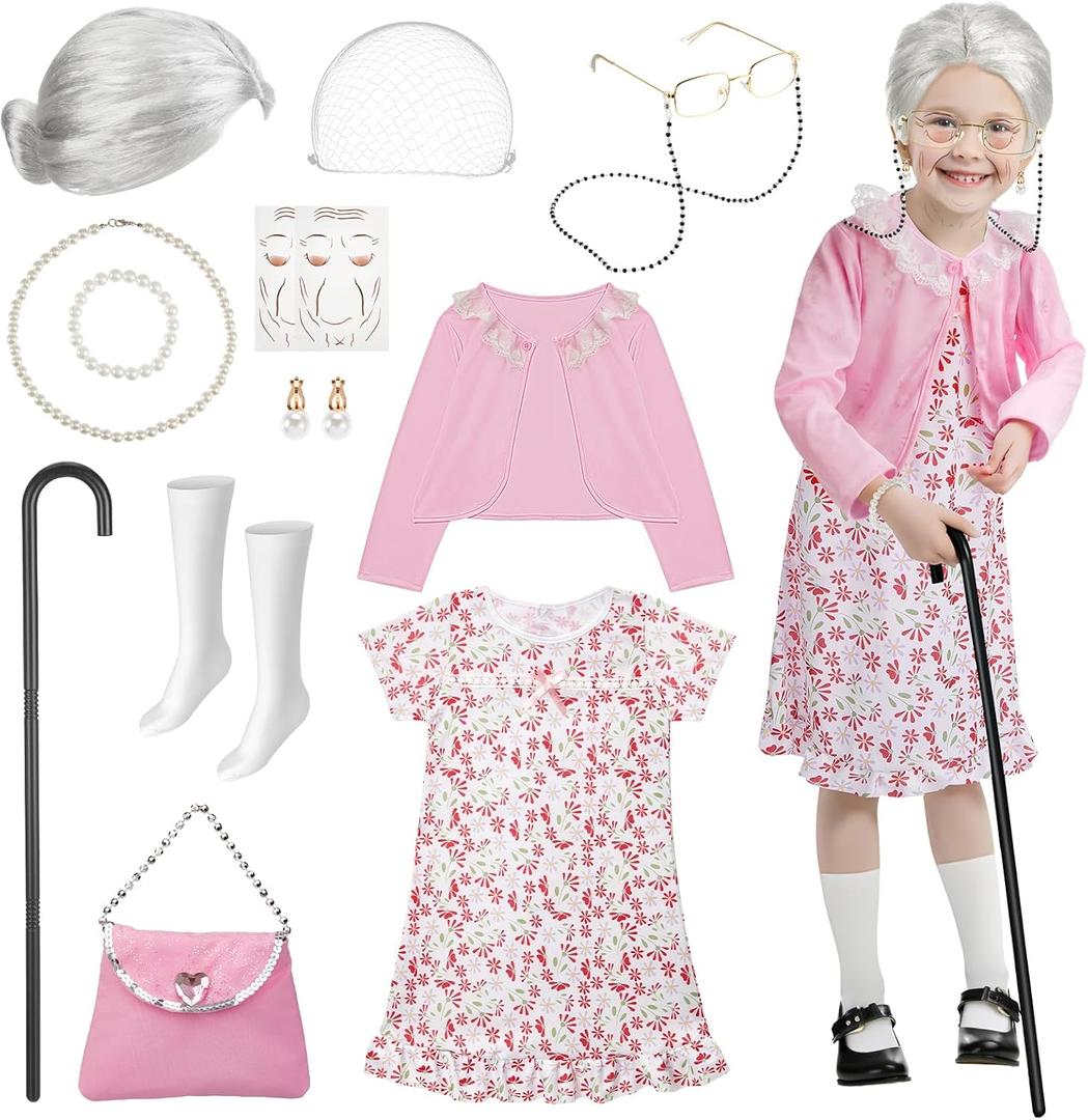 Old Lady Costume for Kids: 100 Days of School Costume for Girls 100th Day of School Granny Dress up Accessories with Wig, Glasses Wrinkle Tattoo Stickers, Cane, Jewelries, Grandma Cosplay Kit