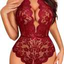 Avidlove Lingerie for Women Halter Lace Bodysuit V Neck Teddy One Piece Babydoll Nightgown (Red, XL)