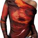 Women's Off Shoulder Tie Dye Mesh T Shirt Long Sleeve Asymmetrical Hem Ruched Fitted Tee Tops (XXXL)