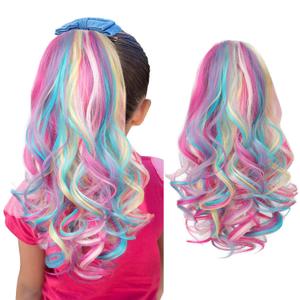 SEIKEA Ponytail Extension, 18" Lightweight Wavy Curly Clip in Pony Tails, Colored Hair Extensions for Kids, Crazy Hair Day Accessories for Girls Synthetic Hairpiece Neon Color
